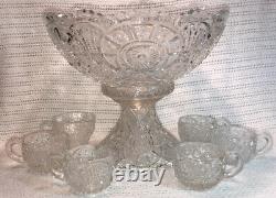 Antique EAPG 1910 Imperial Glass Clear Broken Arches Punch Bowl Stand Set 6 Cups