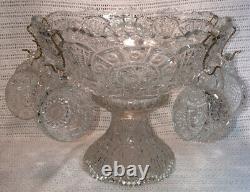 Antique EAPG 1910 Imperial Glass Clear Broken Arches Punch Bowl Stand Set 6 Cups