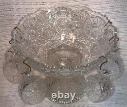 Antique EAPG 1910 Imperial Glass Clear Broken Arches Punch Bowl Stand Set 6 Cups