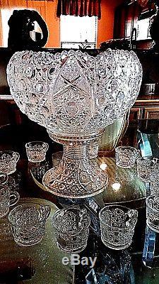 Antique EAPG ROTEC CANE & STAR Punch Bowl & Base. 12 cups MCKEE GLASS CO 1910