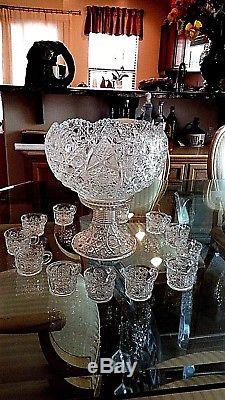 Antique EAPG ROTEC CANE & STAR Punch Bowl & Base. 12 cups MCKEE GLASS CO 1910