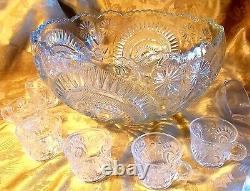 Antique Eapg Glass Punch Bowl 16 Pc 14 Cups Glass Ladle Party Set