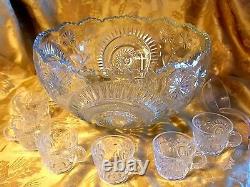 Antique Eapg Glass Punch Bowl 16 Pc 14 Cups Glass Ladle Party Set