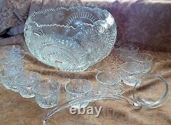 Antique Eapg Glass Punch Bowl 16 Pc 14 Cups Glass Ladle Party Set