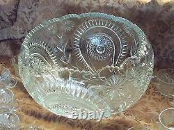 Antique Eapg Glass Punch Bowl 16 Pc 14 Cups Glass Ladle Party Set