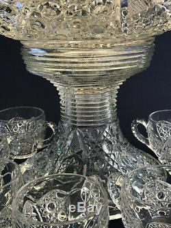 Antique Edwardian McKee Glass pressed glass punch bowl, base & cups ROTEC c. 1904