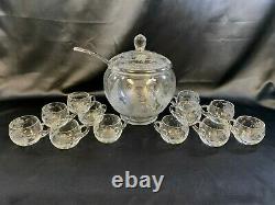 Antique Etched Crystal Punch Bowl w 12 Cups & Ladle Woodland Animal Design (MRD)