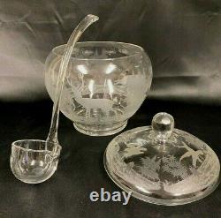 Antique Etched Crystal Punch Bowl w 12 Cups & Ladle Woodland Animal Design (MRD)