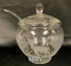 Antique Etched Crystal Punch Bowl w 12 Cups & Ladle Woodland Animal Design (MRD)