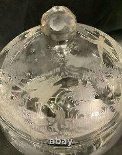 Antique Etched Crystal Punch Bowl w 12 Cups & Ladle Woodland Animal Design (MRD)