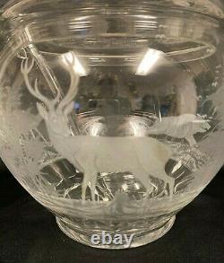 Antique Etched Crystal Punch Bowl w 12 Cups & Ladle Woodland Animal Design (MRD)