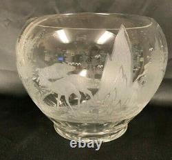 Antique Etched Crystal Punch Bowl w 12 Cups & Ladle Woodland Animal Design (MRD)