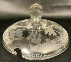 Antique Etched Crystal Punch Bowl w 12 Cups & Ladle Woodland Animal Design (MRD)
