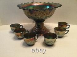 Antique Fenton Carnival Glass Orange Tree Blue Flared Punch Bowl WithBase & 6 Cups