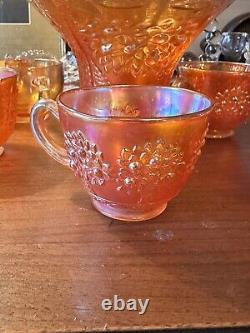 Antique Fenton Marigold Orange Tree Carnival Glass Punch Bowl/stand & 5 Cups
