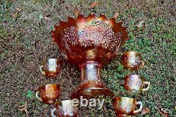 Antique Fenton Orange Tree Carnival Glass Punch Set Marigold