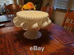 Antique Fenton Punch Bowl Set Milk Glass Hobnail 12 Cups & Stand / Wedding