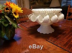 Antique Fenton Punch Bowl Set Milk Glass Hobnail 12 Cups & Stand / Wedding