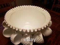 Antique Fenton Punch Bowl Set Milk Glass Hobnail 12 Cups & Stand / Wedding