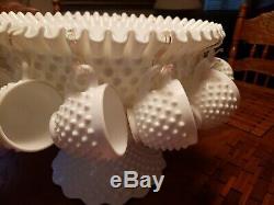 Antique Fenton Punch Bowl Set Milk Glass Hobnail 12 Cups & Stand / Wedding