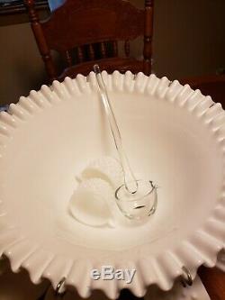Antique Fenton Punch Bowl Set Milk Glass Hobnail with Glass Ladle 15 Cups Wedding