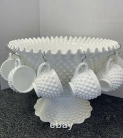 Antique Fenton White Milk Glass Hobnail Punchbowl 12 Cups Pedestal Bowl Wedding