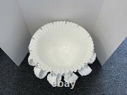 Antique Fenton White Milk Glass Hobnail Punchbowl 12 Cups Pedestal Bowl Wedding