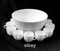 Antique Fenton White Milk Glass Hobnail Punchbowl 12 Cups Perfect