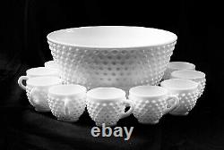 Antique Fenton White Milk Glass Hobnail Punchbowl 12 Cups Perfect