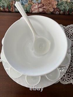 Antique Fenton White Milk Glass Hobnail Punchbowl Cups Underplate Ladle Wedding
