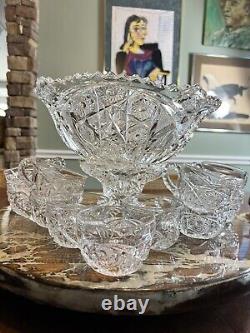 Antique Fostoria Rosby Clear Pressed Glass Punch Bowl Withstand And 11 Cups