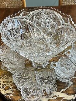 Antique Fostoria Rosby Clear Pressed Glass Punch Bowl Withstand And 11 Cups