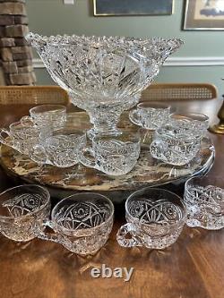 Antique Fostoria Rosby Clear Pressed Glass Punch Bowl Withstand And 11 Cups