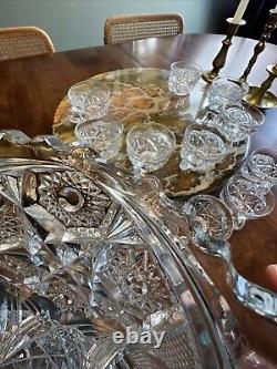 Antique Fostoria Rosby Clear Pressed Glass Punch Bowl Withstand And 11 Cups