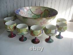 Antique French Limoges Punch Bowl GRAPES with 8 goblets 4 glasses SIGNED 1908