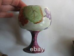 Antique French Limoges Punch Bowl GRAPES with 8 goblets 4 glasses SIGNED 1908