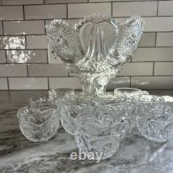 Antique Glass Punch Bowl Set With Glasses