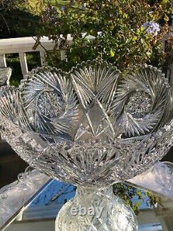 Antique Glass Punch Bowl onPedestal /Silver Plate Ladle 12 Etched Cups AH. Heisey