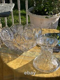 Antique Glass Punch Bowl onPedestal /Silver Plate Ladle 12 Etched Cups AH. Heisey