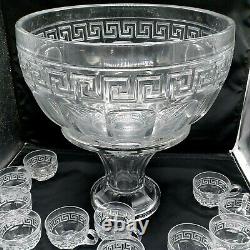 Antique HEISEY Clear Glass Greek Key Punch Bowl Set with 10 Cups Christmas Wedding