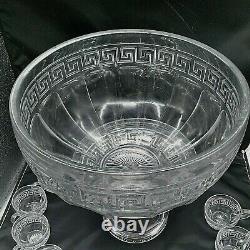 Antique HEISEY Clear Glass Greek Key Punch Bowl Set with 10 Cups Christmas Wedding