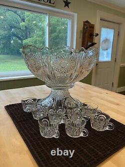 Antique Heisey Glass Beaded Panel Sunburst Punch Bowl, With Stand and 8 Cups