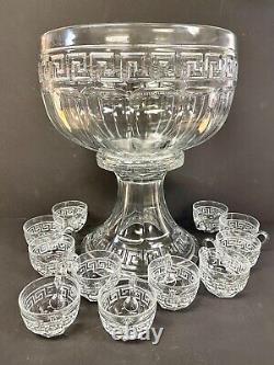 Antique Heisey Pressed Glass Greek Key Pattern Punch Bowl + 11 Cups & Base WOW