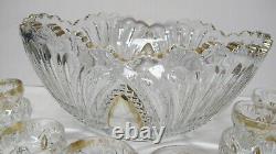 Antique Heisey Prince of Wales 14-1/2 x 7 Punch Bowl & 8 CupsGold Trim1900's