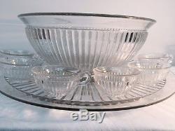 Antique Huge Glass Punch Bowl With Matching Platter & 19 Cups Vintage