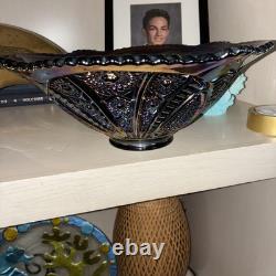 Antique Imperial Amethyst Carnival Glass Hobstar Twins Punch Bowl With Stand
