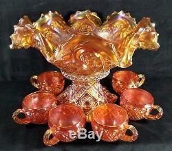 Antique Imperial Carnival Glass Punch Bowl Set In Marigold Royalty Pattern VFINE