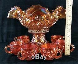 Antique Imperial Carnival Glass Punch Bowl Set In Marigold Royalty Pattern VFINE