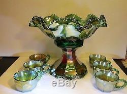 Antique Imperial Co. Green Flute Pattern Carnival Glass Punch Bowl Base & 6 Cups