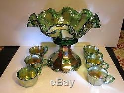 Antique Imperial Co. Green Flute Pattern Carnival Glass Punch Bowl Base & 6 Cups